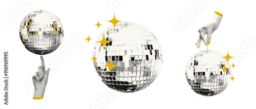 Shiny disco balls and cut out hands halftone collage vector illustration. Set of trendy modern retro elements with gold glitter star decoration isolated on transparent background