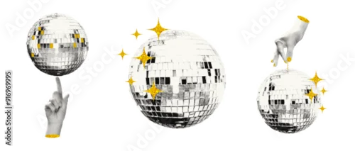 Obraz Shiny disco balls and cut out hands halftone collage vector illustration. Set of trendy modern retro elements with gold glitter star decoration isolated on transparent background