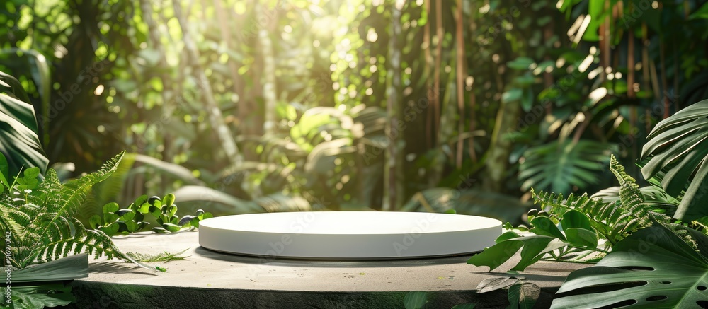 A white round podium mockup is displayed against a fresh green forest backdrop perfect for showcasing natural cosmetic products in a stylish trendy flat lay with copy space image A white round podium mockup is displayed against a fresh green forest backdrop perfect for showcasing natural cosmetic products in a stylish trendy flat lay with copy space image
