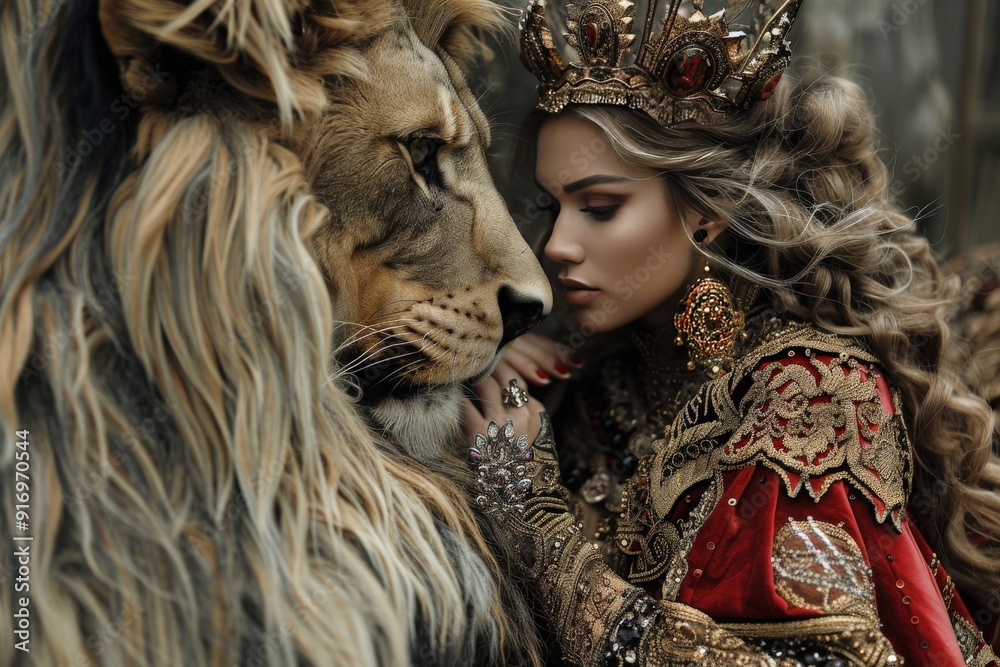 A regal woman in ornate attire interacts intimately with a majestic lion. A regal woman in ornate attire interacts intimately with a majestic lion.