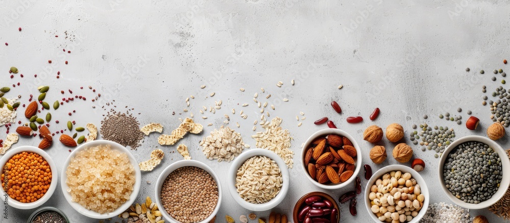 A variety of healthy superfoods like whole grains legumes nuts and seeds displayed in a top view composition with copy space image A variety of healthy superfoods like whole grains legumes nuts and seeds displayed in a top view composition with copy space image