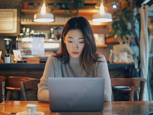 Young asian woman working on a laptop at a cozy cafe during the afternoon