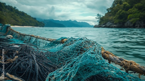 Ghost nets are commercial fishing nets that have been lost abandoned or discarded at sea of Tunku Abdul Rahman Park Kota Kinabalu Sabah Malaysia Borneo : Generative AI photo