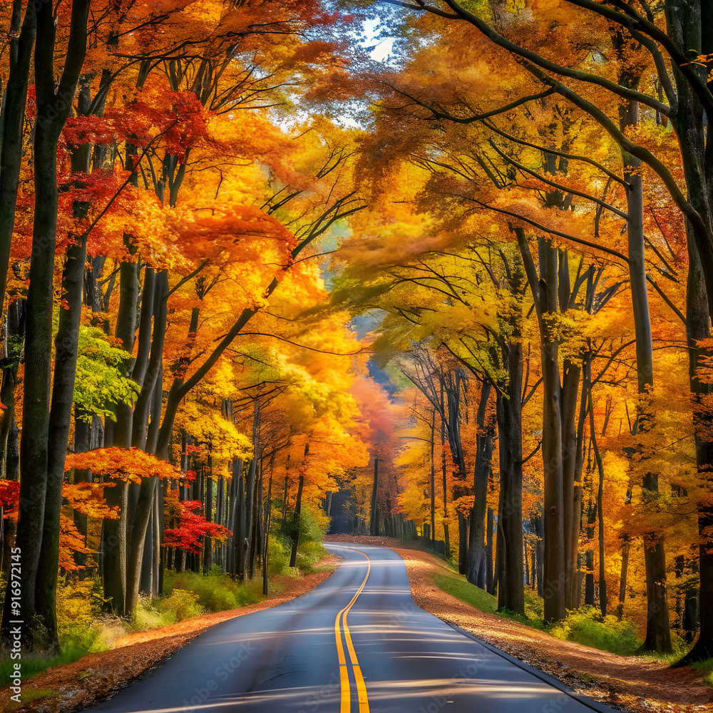 Fototapeta premium road surrounded by tall trees captured during autum