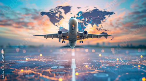 Plane taking off on international flight with world map in background