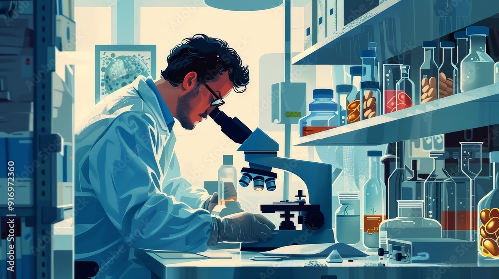 Design an image of a doctor working in a research lab, examining medical samples under a microscope. Highlight the doctor's meticulous work and the advanced laboratory tools surrounding them