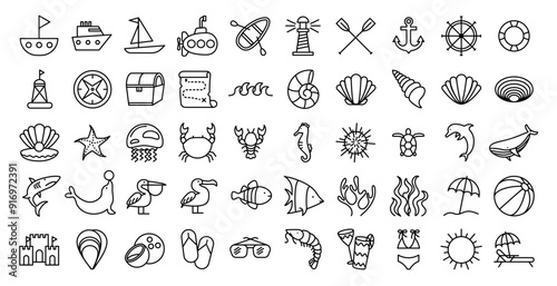Sea theme and beaches vector icons set. Large set of summer time theme elements. Beach, palms, SUP, surfboard, inflatable rubber circles, beach umbrella, flip flops. Travel design. Adventure