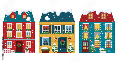 Winter Christmas european houses vector flat illustration