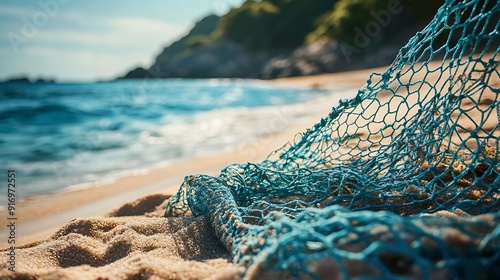 Photo of a fishing net stranded on the beach made of nylon this fishing net can cause marine life to die entangled in fishing nets that are carelessly thrown into the sea : Generative AI photo