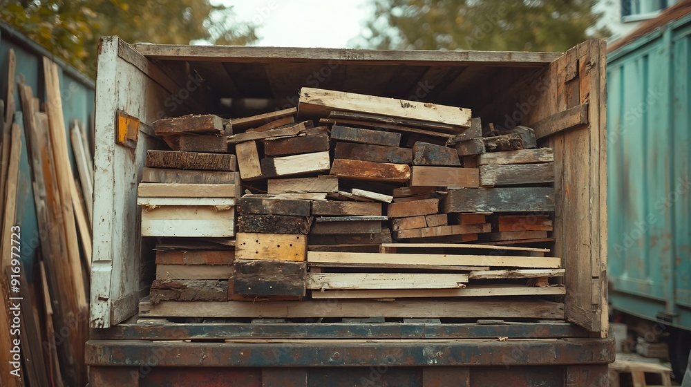 Fototapeta premium large container filled with old wooden planks and broken furniture pieces for recycling : Generative AI