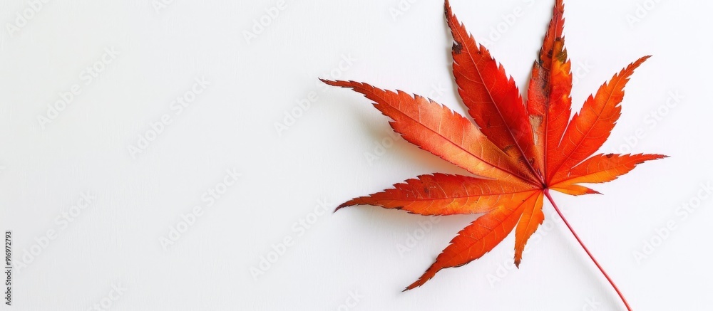 Japanese maple leaf on white backdrop with copy space image Japanese maple leaf on white backdrop with copy space image