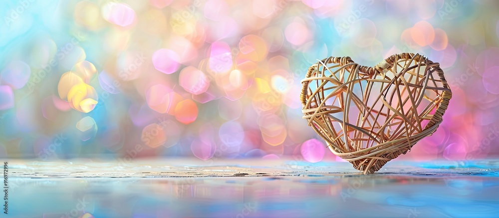 Fototapeta premium Heart shaped wicker made of rattan symbolizing love set against a colorfully foiled background with selective focus for a copy space image