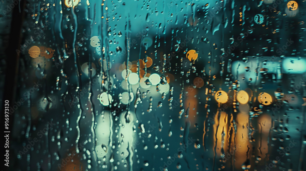 Rainy city view through a window at night. Raindrops on the window create a blurred pattern of streetlights in the distance. The focus is on the water droplets on the glass. Rainy city view through a window at night. Raindrops on the window create a blurred pattern of streetlights in the distance. The focus is on the water droplets on the glass.
