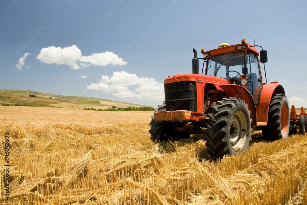 Vibrant red tractor plowing golden wheat fields under a clear blue sky Vibrant red tractor plowing golden wheat fields under a clear blue sky