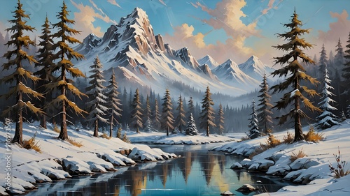 the serene beauty of snowy mountain landscapes, with charming cabins nestled among towering peaks