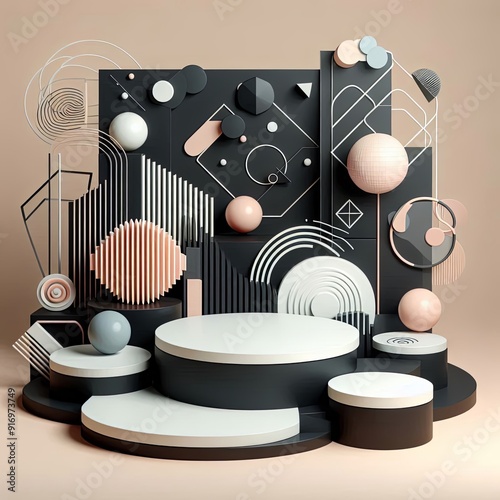 Dynamic geometric composition with spheres and lines creating a visually stunning and balanced abstract art installation, perfect for artistic inspiration. photo