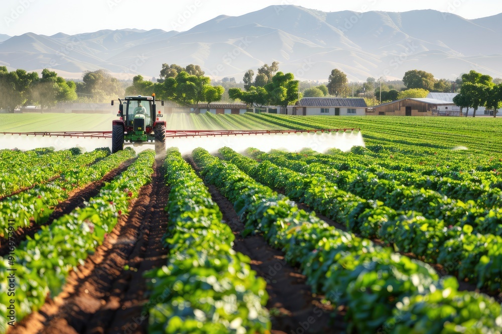 A tractor sprays crops in a vibrant green field under a soft, overcast sky A tractor sprays crops in a vibrant green field under a soft, overcast sky