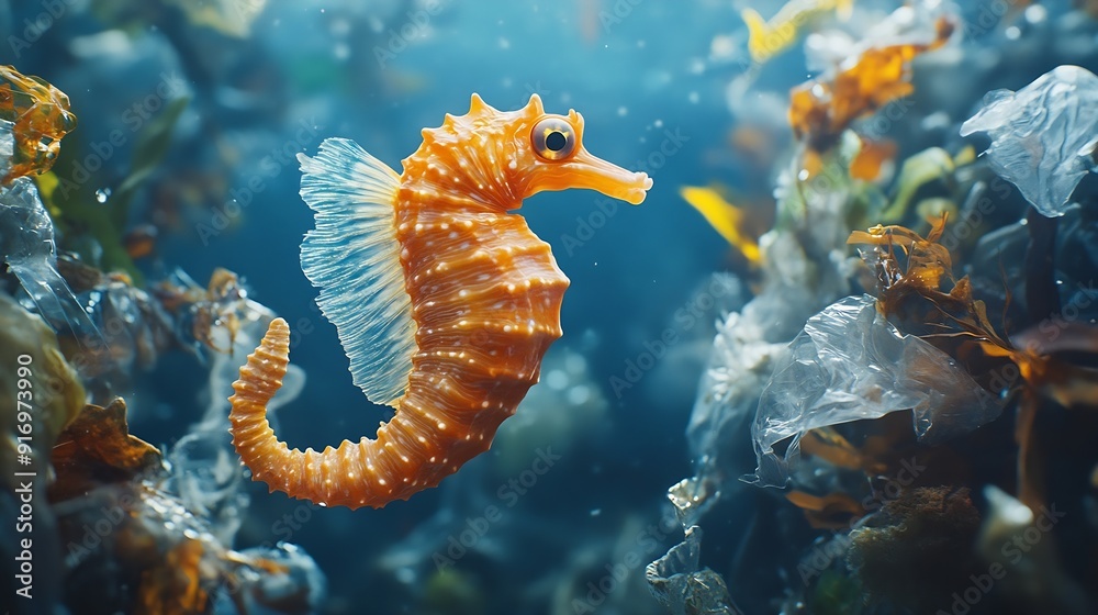 Plastic pollution in ocean Seahorse fish and plastic garbage : Generative AI Plastic pollution in ocean Seahorse fish and plastic garbage : Generative AI