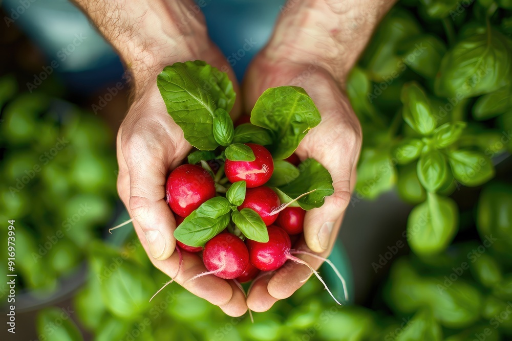 Hands holding a fresh harvest of vibrant radishes with green tops against a soft garden backdrop Hands holding a fresh harvest of vibrant radishes with green tops against a soft garden backdrop