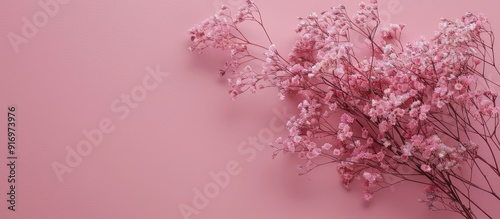 Small delicate pink flowers on a pink background evoke a spring feel a feminine and cute arrangement with dried flowers in a bouquet on a pink background with copy space image