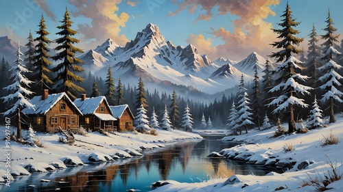 the serene beauty of snowy mountain landscapes, with charming cabins nestled among towering peaks