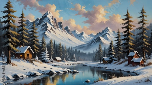 the serene beauty of snowy mountain landscapes, with charming cabins nestled among towering peaks