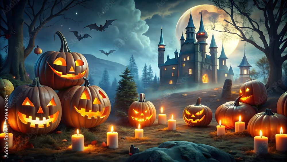 Halloween Night Spooky Castle and Glowing Pumpkins AI generated Halloween Night Spooky Castle and Glowing Pumpkins AI generated