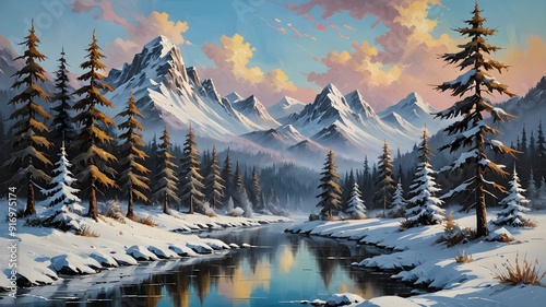 the serene beauty of snowy mountain landscapes, with charming cabins nestled among towering peaks