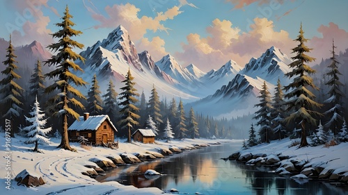 the serene beauty of snowy mountain landscapes, with charming cabins nestled among towering peaks