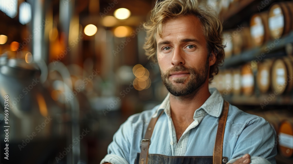 Confident male brewery worker wearing an apron in a craft beer brewery with barrels in the background Confident male brewery worker wearing an apron in a craft beer brewery with barrels in the background