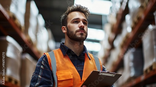 Portrait of warehouseman with clipboard checking delivery stock in warehouse Warehouse worker preparing products for shipment : Generative AI