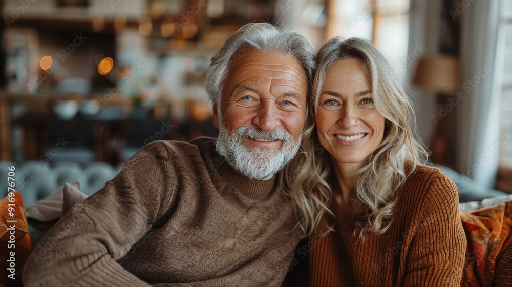 Portrait of a happy elderly couple hugging and smiling together at home Portrait of a happy elderly couple hugging and smiling together at home