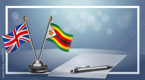 United Kingdom and Zimbabwe Small national flag on bokeh background, cooperative relationship