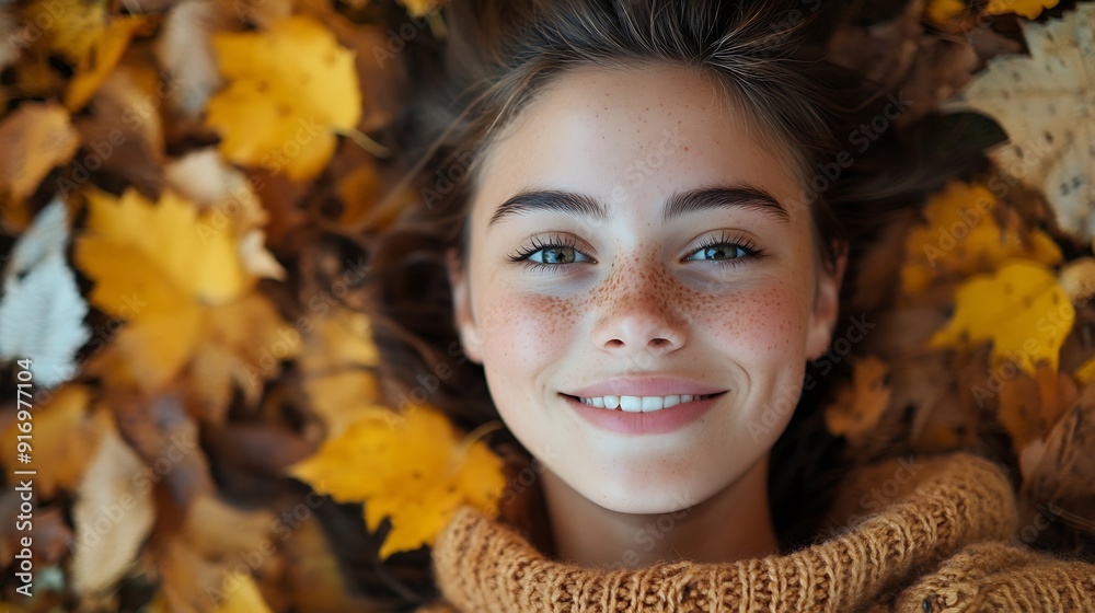 Pretty smiling young woman lies on the autumn foliage in the forest with the yellow leaves : Generative AI Pretty smiling young woman lies on the autumn foliage in the forest with the yellow leaves : Generative AI