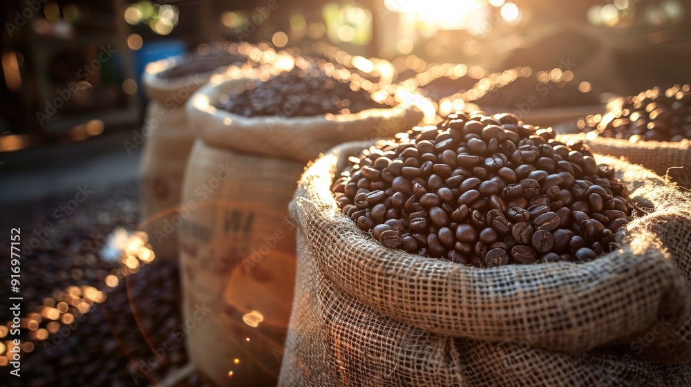 Close-up of Coffee Beans in Burlap Sack with Golden Sunlight Illuminating the Scene Close-up of Coffee Beans in Burlap Sack with Golden Sunlight Illuminating the Scene