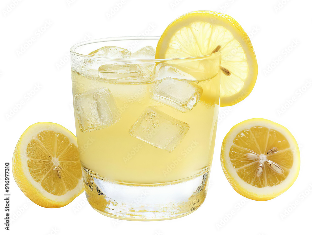 Refreshing lemonade drink in a glass with ice cubes and lemon slices, isolated on white background, perfect for summer refreshment. Refreshing lemonade drink in a glass with ice cubes and lemon slices, isolated on white background, perfect for summer refreshment.
