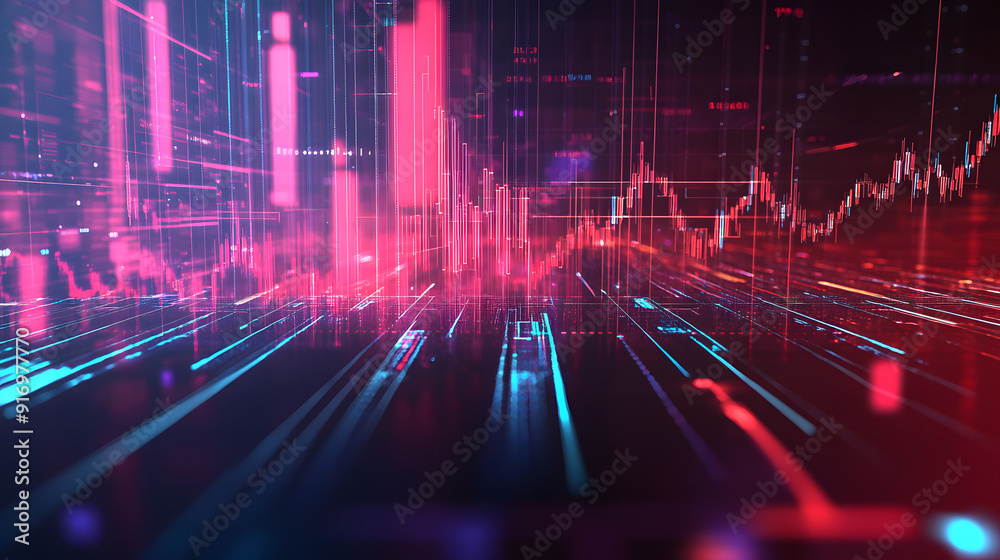 Financial graph depicting stock market trends with downward-sloping lines against a futuristic technology backdrop, illustrating financial instability and market downturn Financial graph depicting stock market trends with downward-sloping lines against a futuristic technology backdrop, illustrating financial instability and market downturn