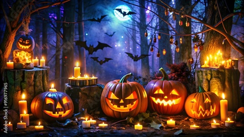 Halloween Night: Mystical Pumpkin in a Misty Forest background AI generated