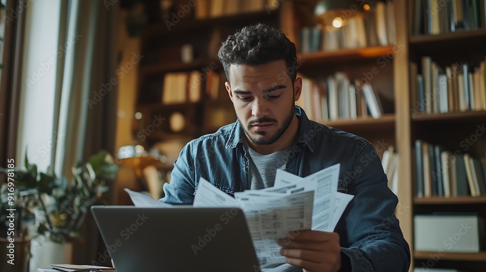 Young adult male at home looking at bills and personal finances using a laptop : Generative AI