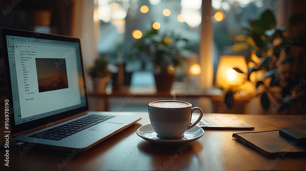 Coffee morning in video call screen Morning coffee break during work from home Man working on computer in office Video conference remote call Business internet telework drinking coffee : Generative AI Coffee morning in video call screen Morning coffee break during work from home Man working on computer in office Video conference remote call Business internet telework drinking coffee : Generative AI