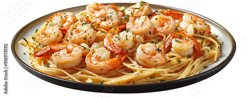 A delicious plate of shrimp scampi pasta, garnished with herbs and served on a white dish, ready for a gourmet meal.
