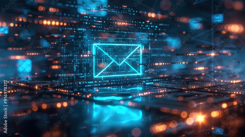 A digital envelope icon glowing with blue light in a digital environment. The scene emphasizes communication and modern technology. A digital envelope icon glowing with blue light in a digital environment. The scene emphasizes communication and modern technology.