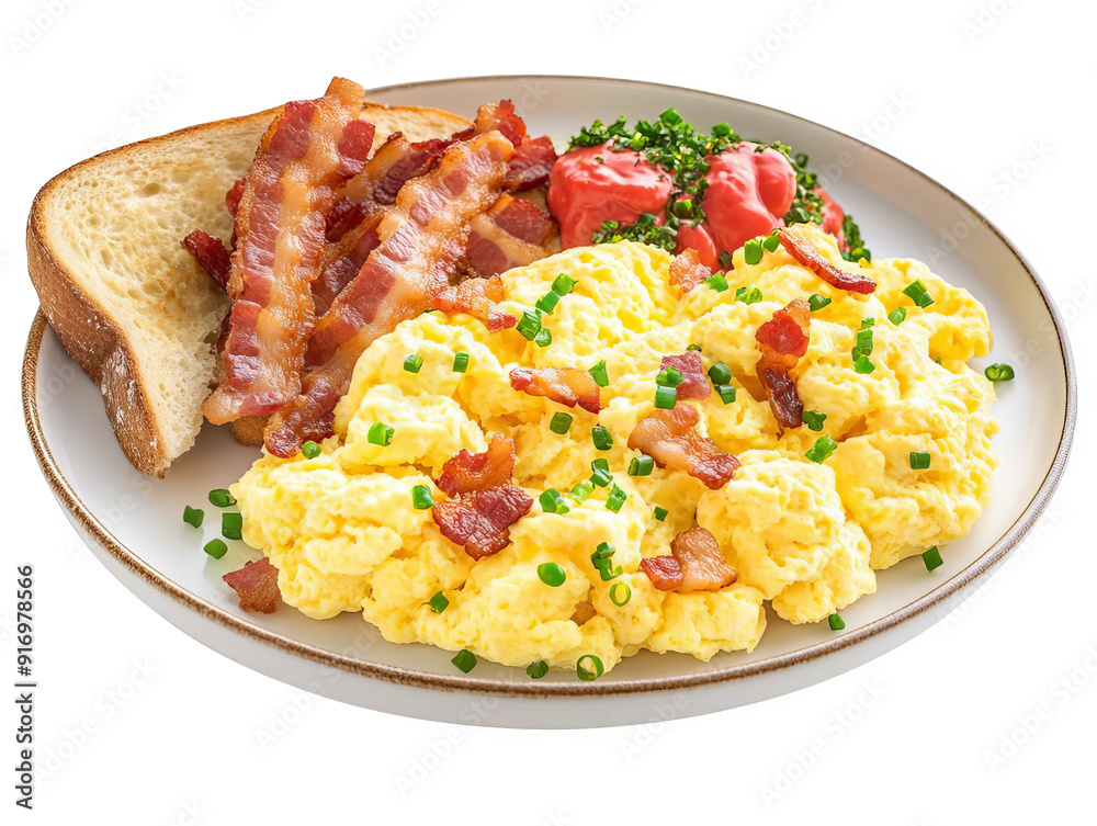 Delicious breakfast plate with scrambled eggs, crispy bacon, toast, and garnish, perfect for a hearty meal. Delicious breakfast plate with scrambled eggs, crispy bacon, toast, and garnish, perfect for a hearty meal.