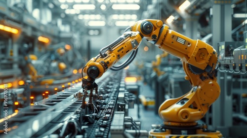 A robotic arm working on a production line in a modern factory. The scene is industrial and high-tech, emphasizing automation and innovation.