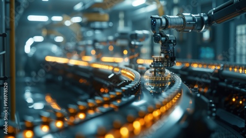 A robotic arm working on a production line in a modern factory. The scene is industrial and high-tech, emphasizing automation and innovation.