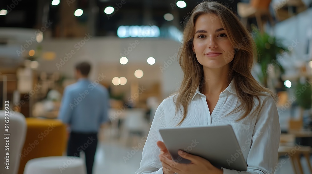 Fototapeta premium business woman with hand gestures presenting something holding a tablet standing against the background of buyer and shopkeeper in a furniture store : Generative AI