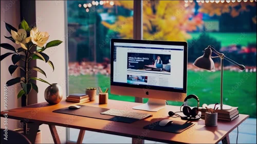 Cozy Workspace in Autumn: A Desk with a Computer Streaming News, Accompanied by a Lamp, Headphones, and Greenery, Overlooking a Picturesque Grassy Area with Colorful Fall Foliage Through the Window Cozy Workspace in Autumn: A Desk with a Computer Streaming News, Accompanied by a Lamp, Headphones, and Greenery, Overlooking a Picturesque Grassy Area with Colorful Fall Foliage Through the Window