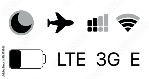 Mobile phone signal, wi-fi, battery, connection, flight mode, sleep mode icon. Status bar symbol modern, simple, vector, icon for website design, mobile app, ui. Vector Illustration
