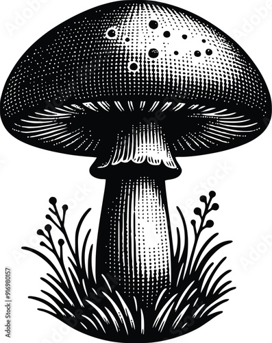 Set of different mushroom silhouettes, graphic drawing with lines, black and white cut truffle, porcini mushroom, shiitake, and chanterelles isolated. Vector illustration silhouette