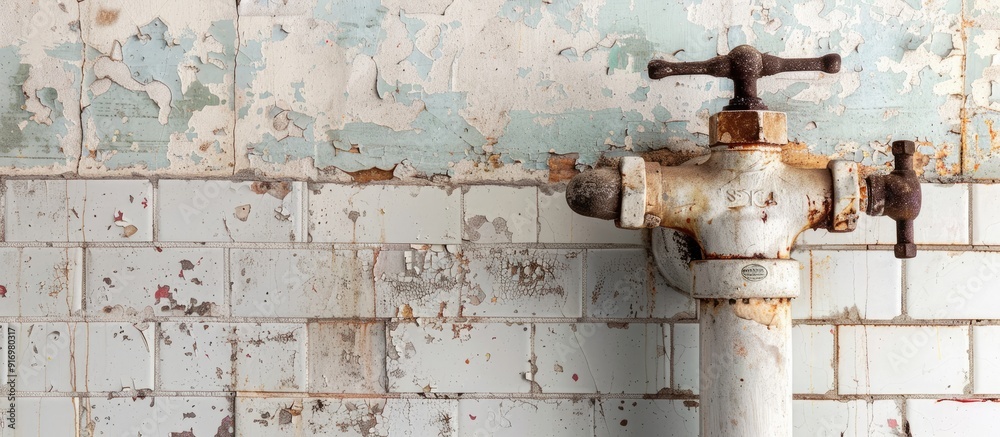 A rusty water pipe stands on a white urinal providing copy space for text A rusty water pipe stands on a white urinal providing copy space for text